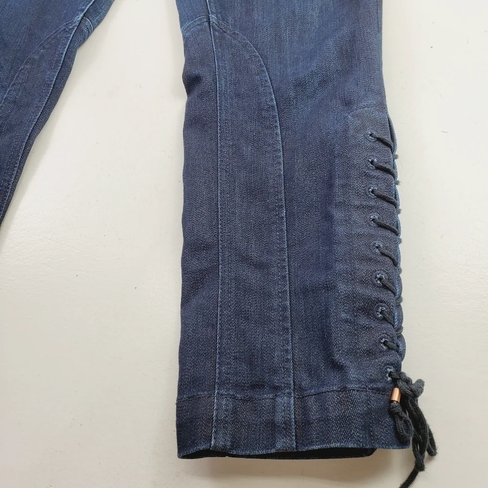 Anthropologie Leifsdottir Women Dark Denim Cropped Lace‎ Up Fray Riding Jeans 28